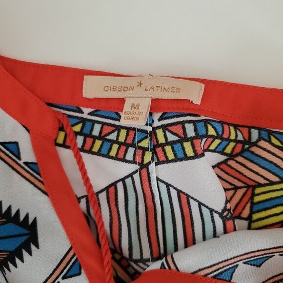 Gibson Latimer Red Colorful Geometric Oversized Pullover Blouse Womens Medium - Picture 6 of 7